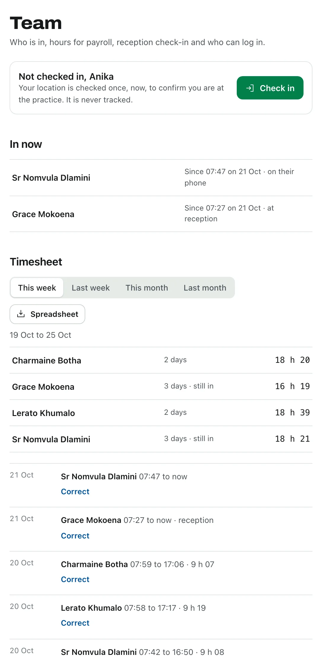 The team page: who is in now, and this week’s hours for payroll.