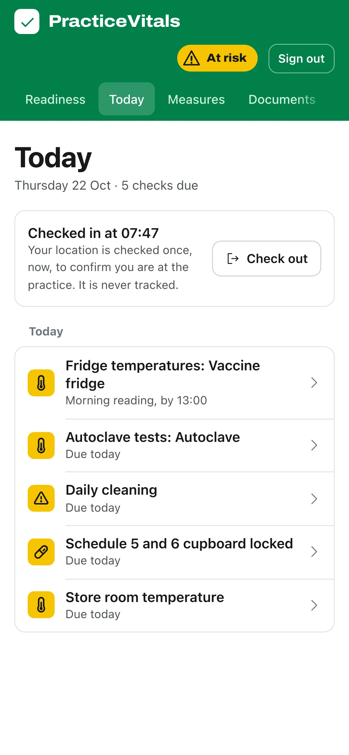 Today’s checks on a nurse’s phone: fridge temperatures, autoclave test, cleaning and more.